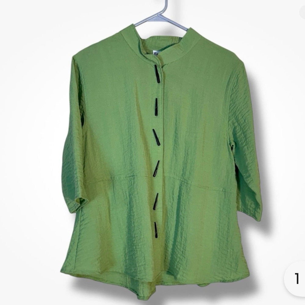 Habitat Womens Button Down Crinkle Shirt Tunic Top green Lagenlook Size Small